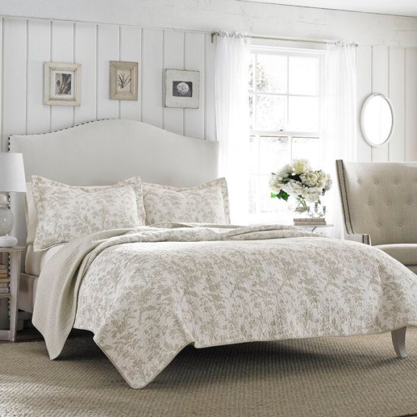 King Quilt + 2 Shams Off-White Beige Amberley Floral 100% Cotton Reversible Quilt Set Cheap